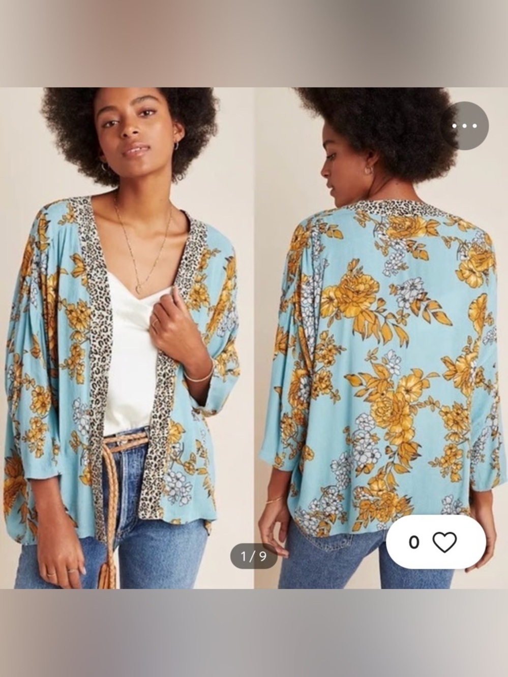 Andersen and Lauth Blue Floral Open Kimono with Leopard Trim